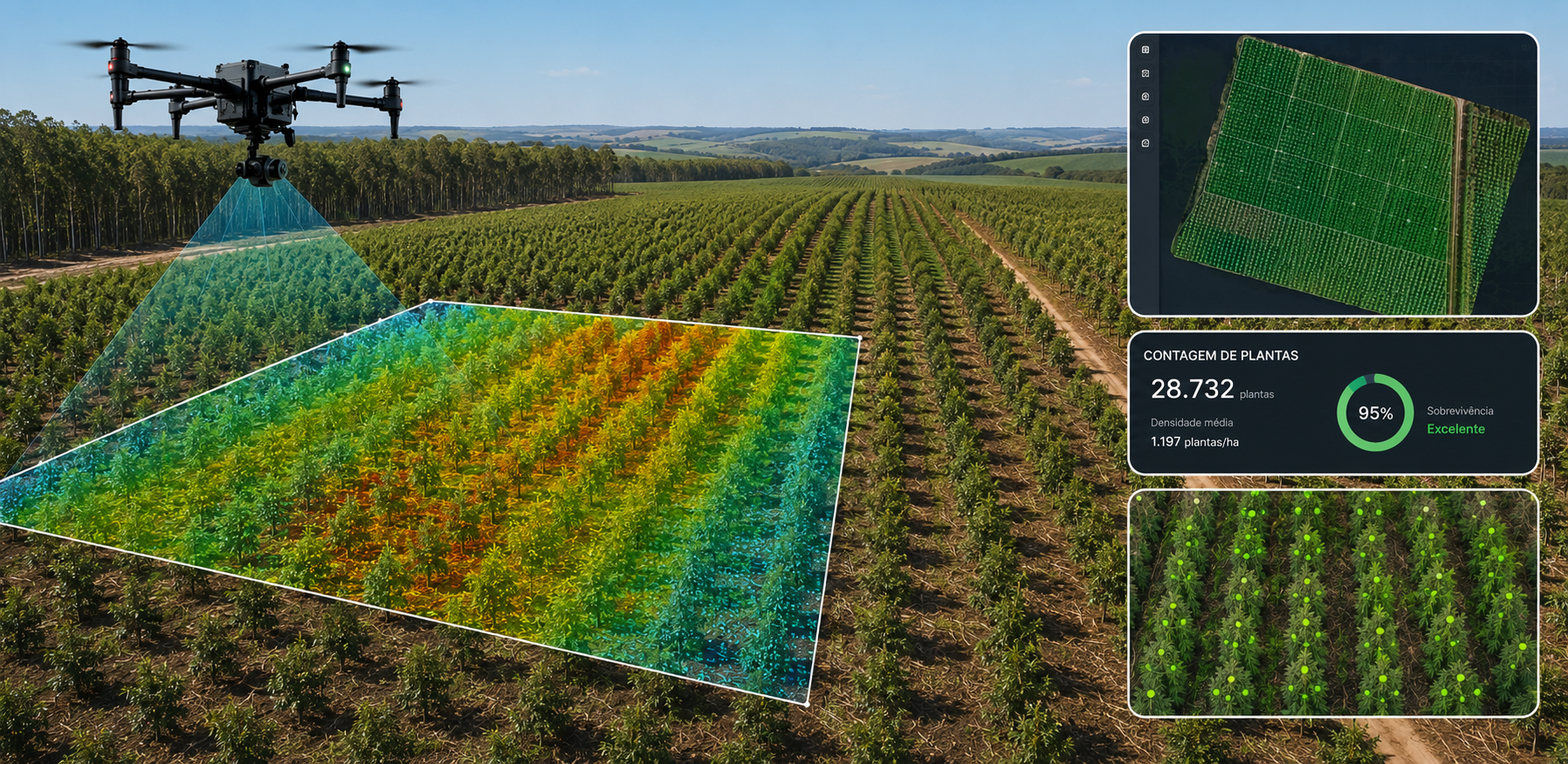 Contagem de plantas com drone — levantamento de estande e falhas em eucalipto e pinus
