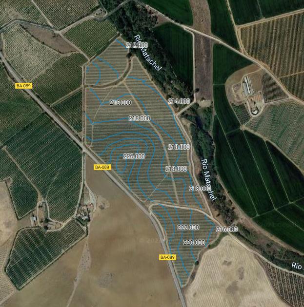 Curvas de nível digitais com cotas de altitude sobrepostas em ortomosaico