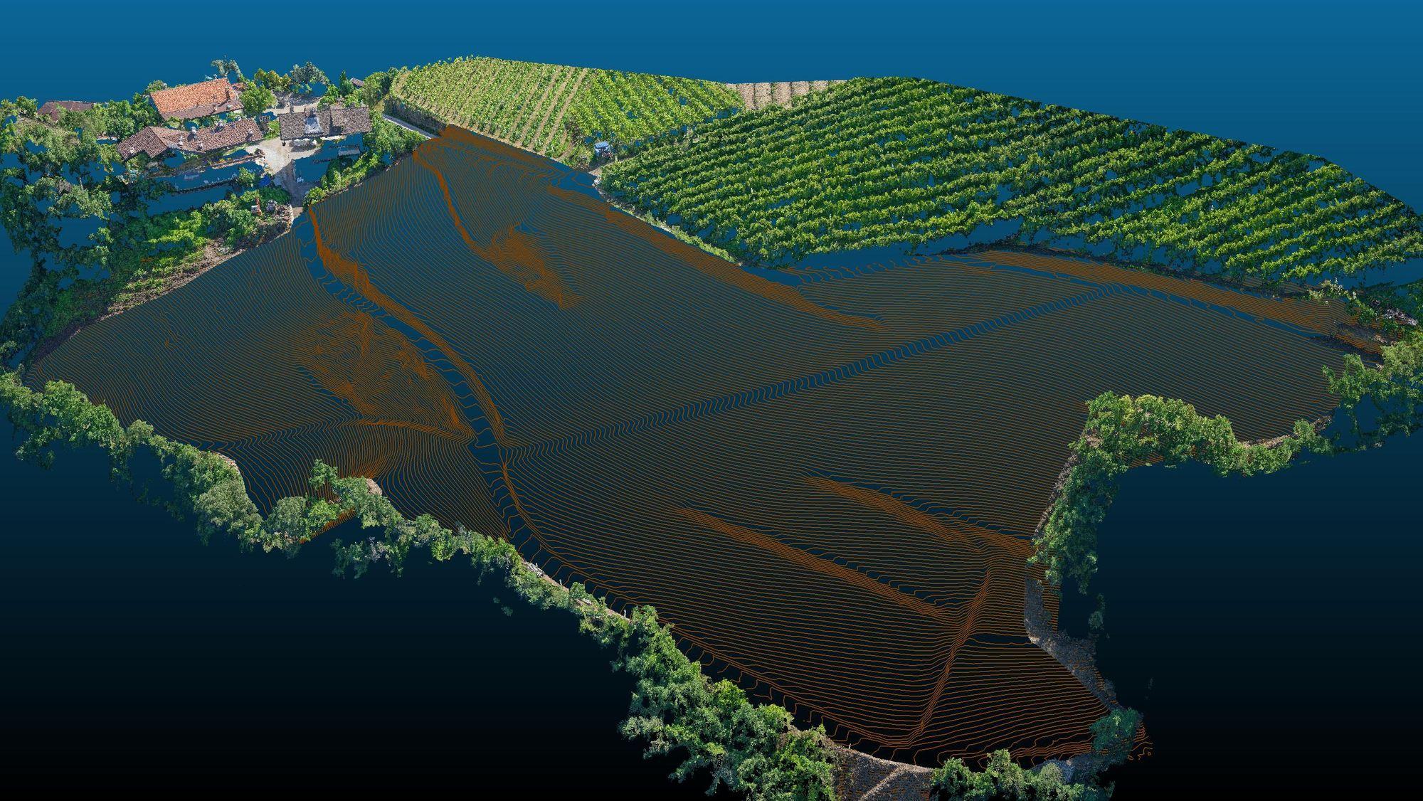 Nuvem de pontos 3D georreferenciada com curvas de nível sobrepostas
